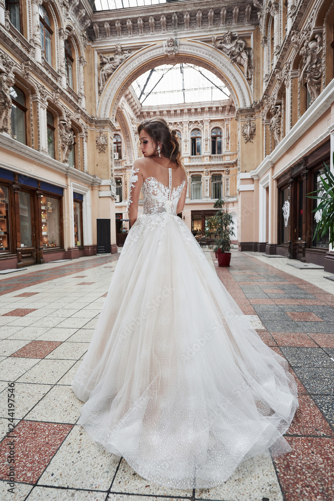 Obraz premium Beautiful, elegant bride with a perfect wedding dress, poses around beautiful architecture.