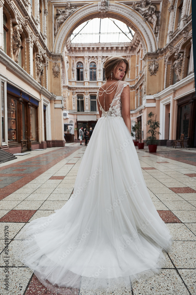 Obraz premium Beautiful, elegant bride with a perfect wedding dress, poses around beautiful architecture.