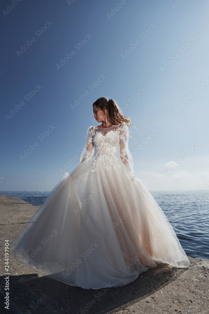 bride in a wedding dress on the beach near the sea