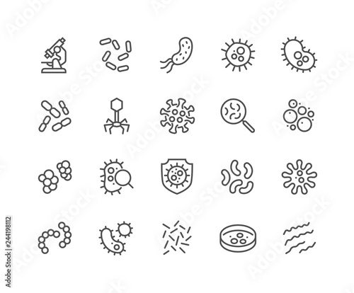 Simple Set of Bacteria Related Vector Line Icons. Contains such Icons as Virus, Colony of Bacteria, Petri Dish and more. Editable Stroke. 48x48 Pixel Perfect. photo