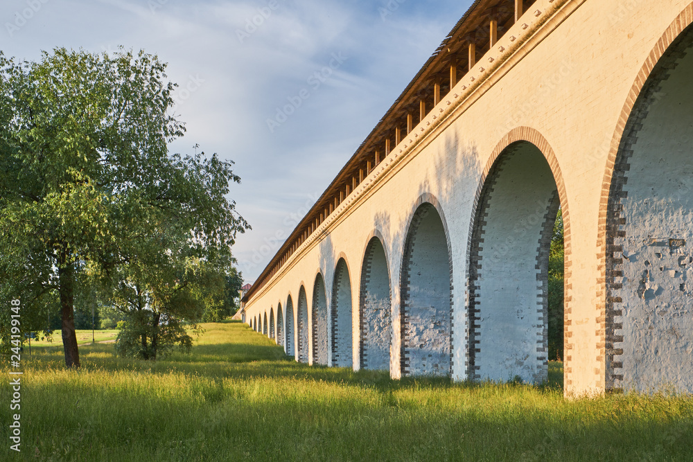 Ancient aqueduct on a summer evening. Aqueduct in Rostokino in Moscow, Russia