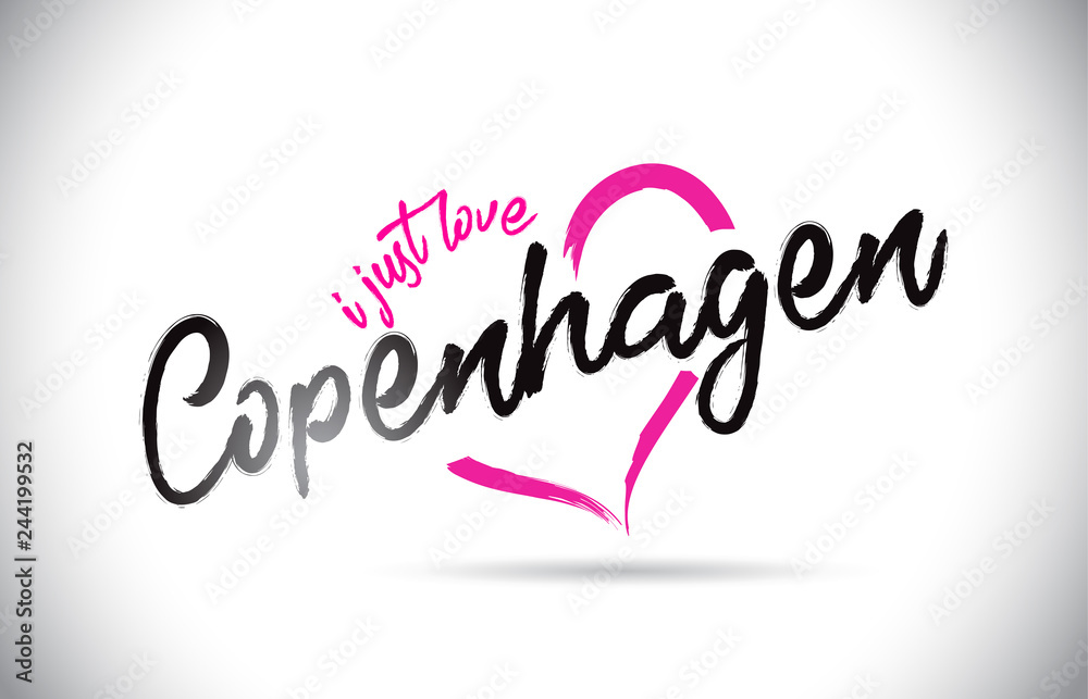 Copenhagen I Just Love Word Text with Handwritten Font and Pink Heart Shape.