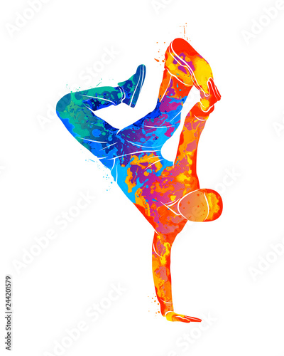 Abstract young man break dancing from splash of watercolors