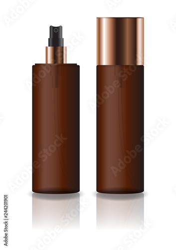 Blank brown cosmetic cylinder bottle with press spray head for beauty or healthy product. Isolated on white background with reflection shadow. Ready to use for package design. Vector illustration.