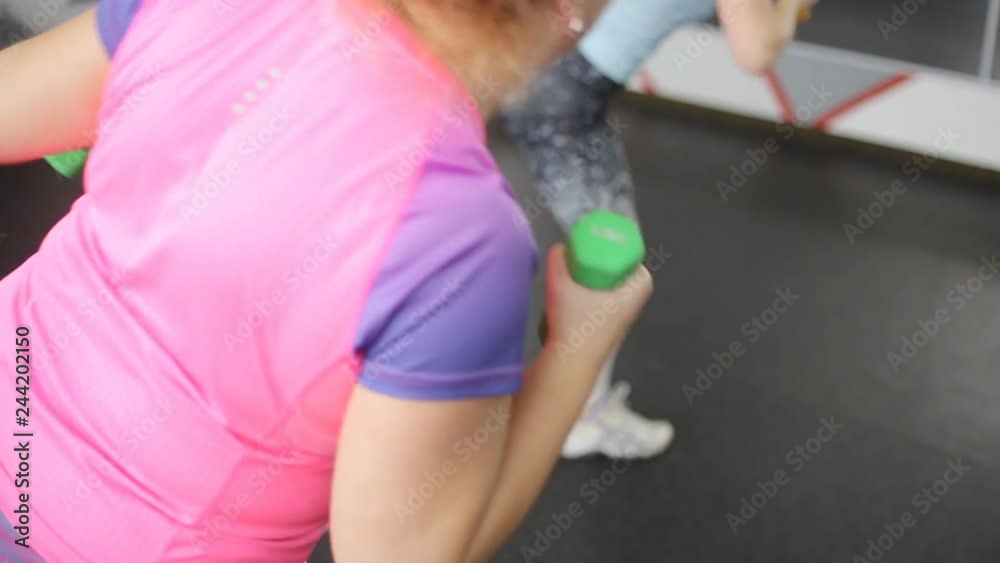 Senior obese woman with dumbbells practicing tae bo exercises, kicking forward with legs in the gym Senior obese woman with dumbbells practicing tae bo exercises, kicking forward with legs in the gym