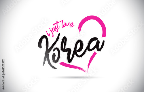 Korea I Just Love Word Text with Handwritten Font and Pink Heart Shape.