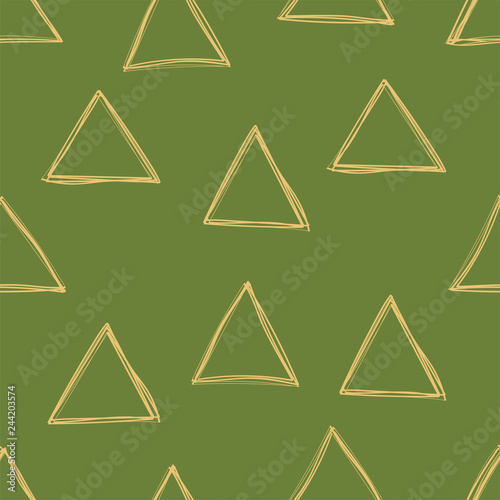 Triangle seamless pattern. Vector green and golden background. Scrapbook, gift wrapping paper, textiles. Doodle sketch
