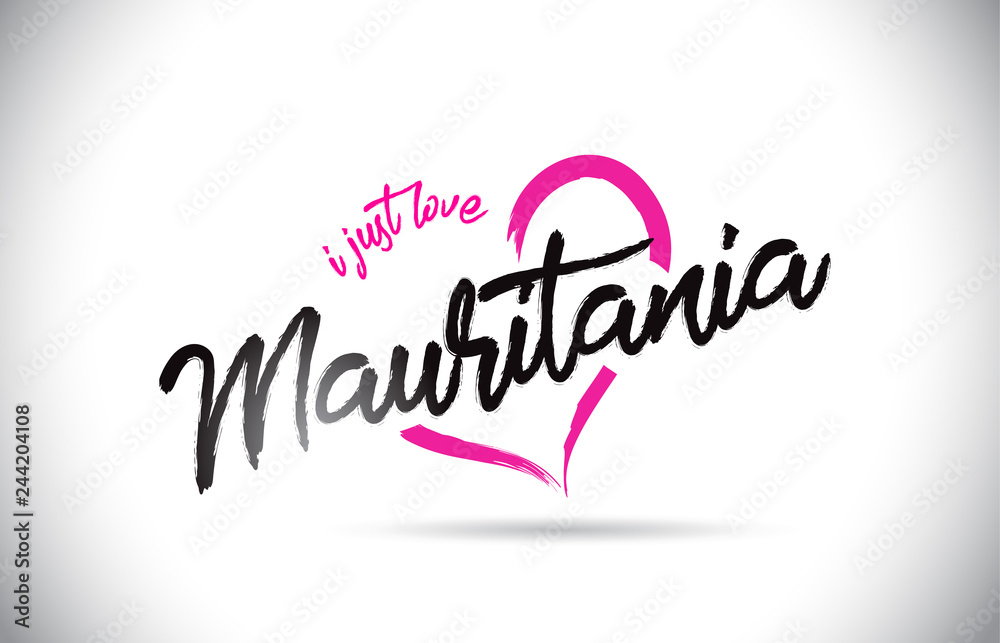 Mauritania I Just Love Word Text with Handwritten Font and Pink Heart Shape.