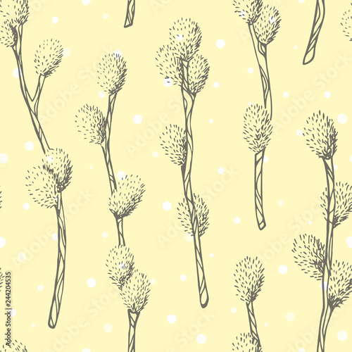 Hand drawn willow vector seamless pattern. Spring branches. Sketches vector illustration. Easter decoration background. Endless floral graphic texture. Fluffy willow branches. Easter holidays