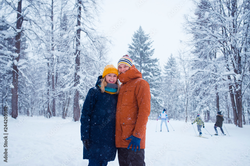 loving couple winter forest