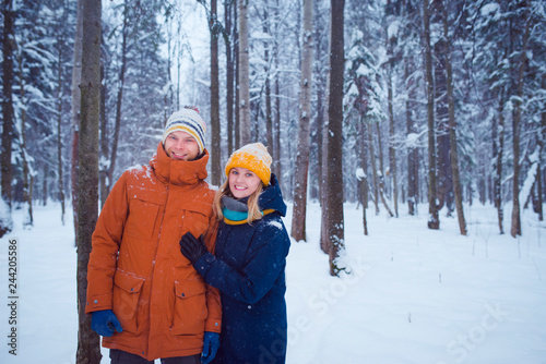 loving couple winter forest