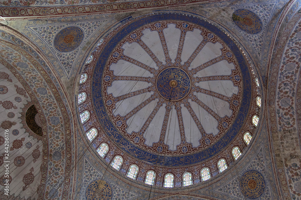 Multicolored traditional Islamic ornaments of the dome of Sultanahmet (Blue mosque)
