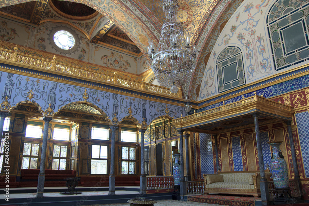 Imperial Hall with the throne of the sultan in The Topkapı Palace, the main residence and administrative headquarters of the Ottoman sultans.