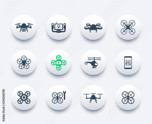 Drones, quadrocopters, uav icons set