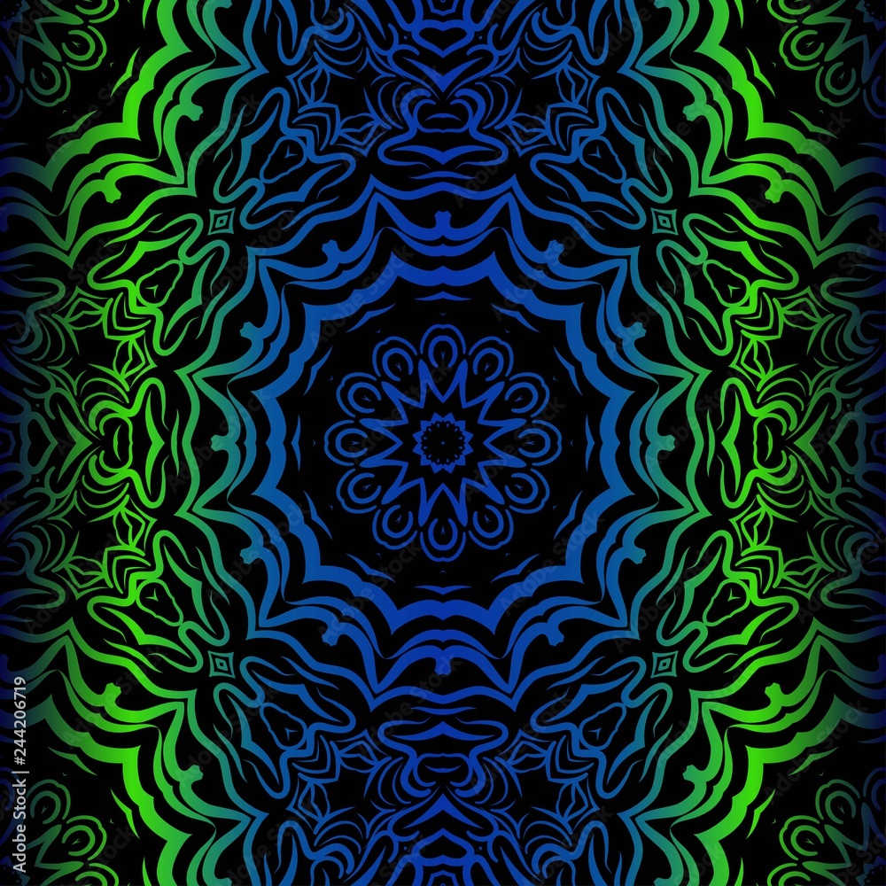Mandala Seamless Floral Pattern. Design For Square Fashion Print. Vector Illustration. Blue, green color Mandala Seamless Floral Pattern. Design For Square Fashion Print. Vector Illustration. Blue, green color