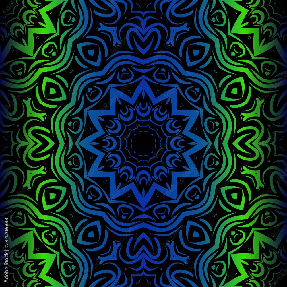 Obraz premium Mandala Seamless Floral Pattern. Design For Square Fashion Print. Vector Illustration. Blue, green color