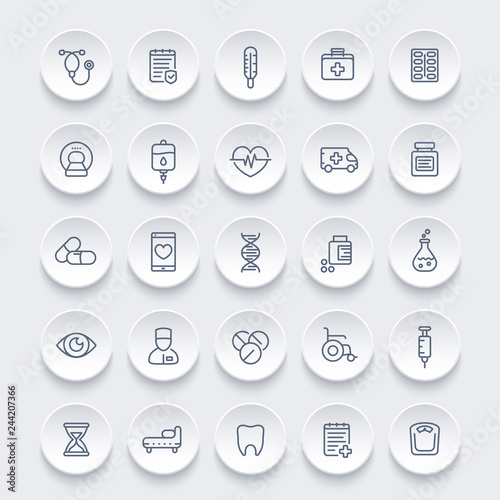 medicine, healthcare line icons set, health insurance, pills, mri scan, ambulance, iv bag, wheelchair, syringe