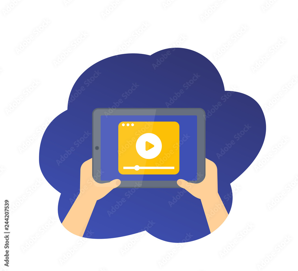tablet in hands with video player, vector icon tablet in hands with video player, vector icon