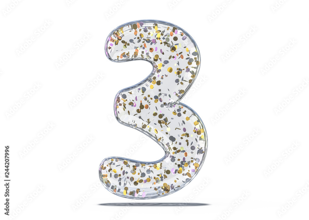Number three. Alphabet from transparent foil balloons. 3D Number three. Alphabet from transparent foil balloons. 3D
