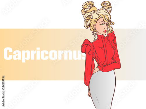 Zodiac sign Capricornus. Beautiful fashion girl with with curly hair. Zodiac constellation. Template for banner website.	