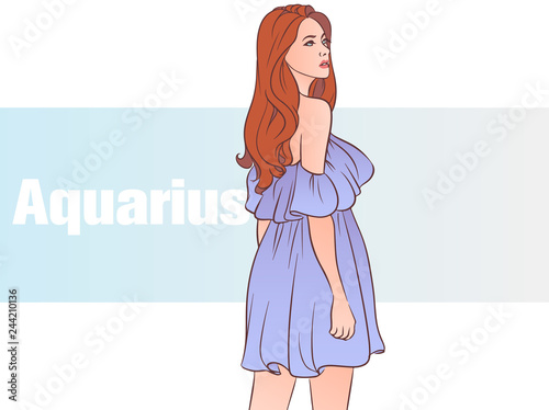 Zodiac sign Aquarius. Beautiful fashion girl with with curly hair. Zodiac constellation. Template for banner website.
