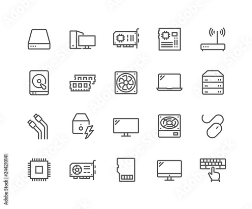 Simple Set of Computer Components Related Vector Line Icons. Contains such Icons as CPU, RAM, Power Adapter, Cables and more. Editable Stroke. 48x48 Pixel Perfect. photo