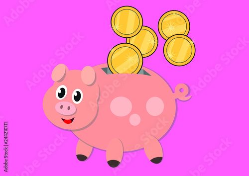 Happy piggy bank with golden coins rolling down isolated on pink background - vector illustration