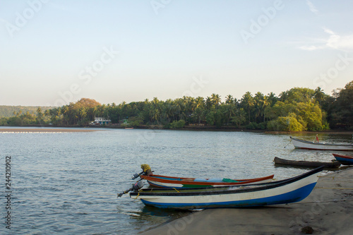 empty fishing boats on the bank of the river against the backdrop of green palm trees