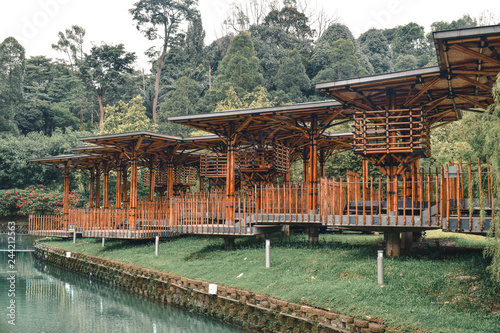 Wooden Treetop houses in the Perdana Gardens by the lake in Kuala Lumpur Malaysia