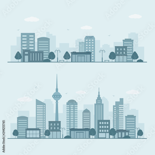 Wallpaper Mural Modern urban landscape. City life illustration with house facades and other urban details. Flat style, vector.  Torontodigital.ca
