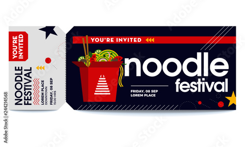 Chinese Take away Fast Food Noodle in Oriental Box Container Vector Illustration. Noodles Party Vector Tickets Template. You are Invited Ticket for entrance to the party. Modern elegant template.