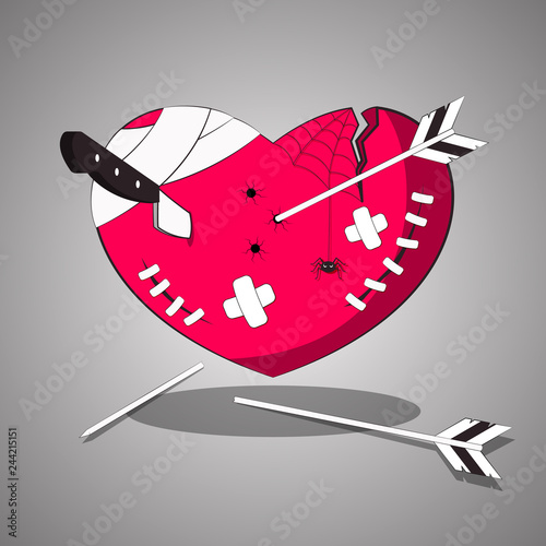 A wounded, tortured heart with cuts and wounds. Vector illustration.