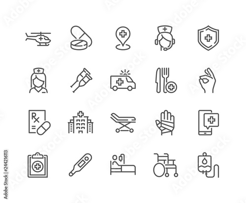 Simple Set of Medical Assistance Related Vector Line Icons. Contains such Icons as Wheelchair, Special Diet, Hospital Locator and more. Editable Stroke. 48x48 Pixel Perfect.