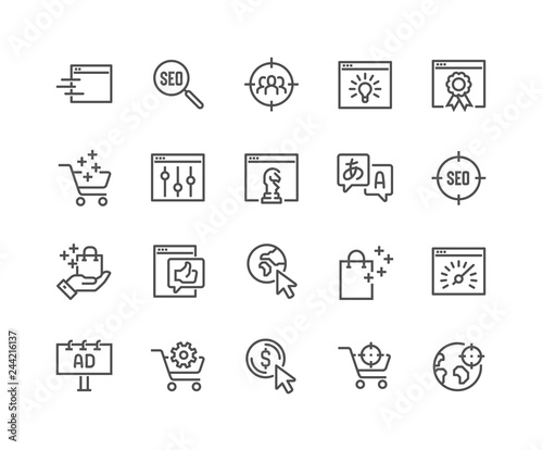 Simple Set of SEO Related Vector Line Icons. Contains such Icons as Target Audience, Increase Sales, Web-site Performance and more. Editable Stroke. 48x48 Pixel Perfect.