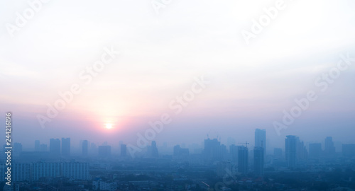 Pollution concepts with smog on city landscape in morning. health care and protection background images