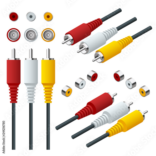 Isometric set of Audio Video Cable input connections. RCA cable View straight and isometric.