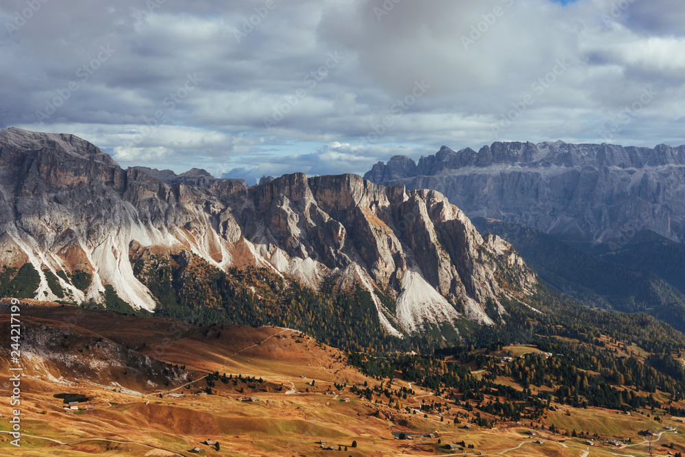 Far away. Outstanding hills of the Seceda dolomite mountains at daytime