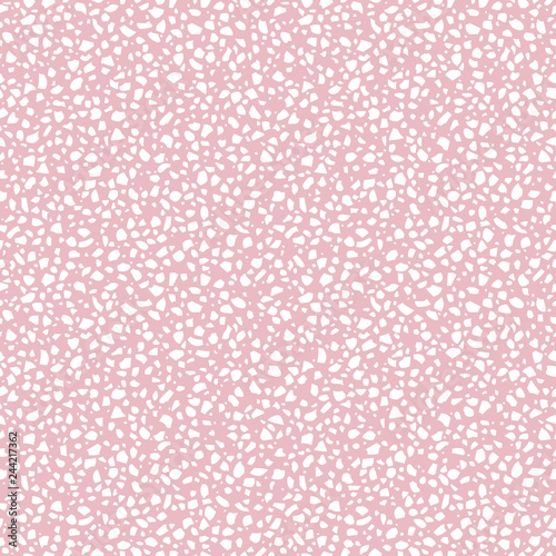 Terrazzo seamless vector pattern. White and pink abstract background. Imitation texture of concrete mosaic tiles.