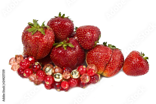 strawberry, ripe berries and bright red beads