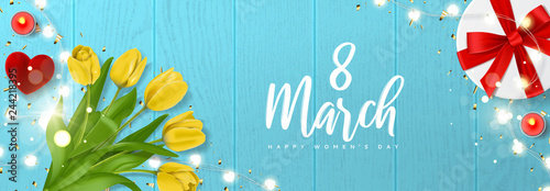 International Women's Day banner. Vector illustration with realistic yellow tulips flowers, gift box, ring box, candles, glowing garland and golden confetti. Greeting card for 8 March.