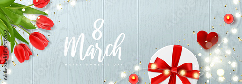 Happy Women's Day festive banner. Vector illustration with realistic red tulips flowers, ring box, gift box, candles, glowing light garland and golden confetti. Greeting card for 8 March.