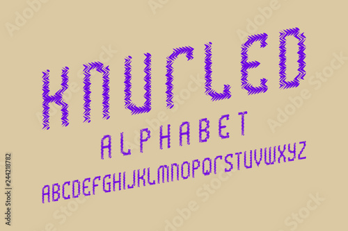 Knurled alphabet. Purple minimalistic font. Isolated english alphabet.
