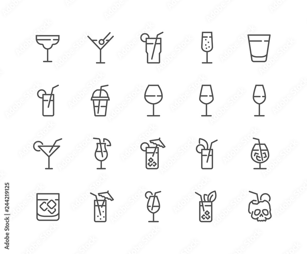 Simple Set of Cocktail Related Vector Line Icons. Contains such Icons as Rock, Martini, Champaign Glass and more. Editable Stroke. 48x48 Pixel Perfect. Simple Set of Cocktail Related Vector Line Icons. Contains such Icons as Rock, Martini, Champaign Glass and more. Editable Stroke. 48x48 Pixel Perfect.