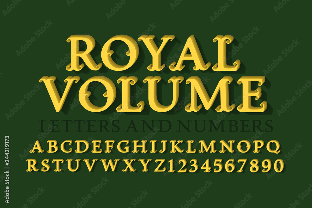 Royal volume letters with numbers. 3d vintage letters font. Isolated english alphabet.