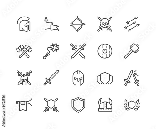 Simple Set of Archaic War Related Vector Line Icons. Contains such Icons as Helmet, Sword, Shield and more. Editable Stroke. 48x48 Pixel Perfect.