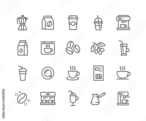 Simple Set of Coffee Related Vector Line Icons. Contains such Icons as Cezve, Coffee Maker Machine, Beans and more. Editable Stroke. 48x48 Pixel Perfect.