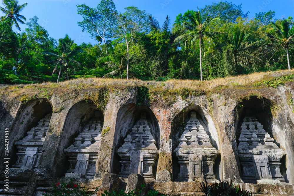Gunung Kawi Temple complex carved into stone cliffs in Bali, Indonesia