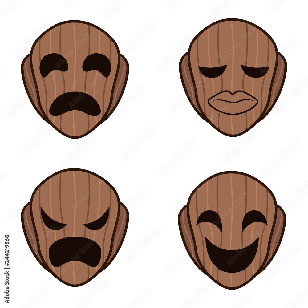 Set of wooden mask statue facial expressions, angry, sad, happy, and flat  for emotion icons (emoticons). traditional ethnic tribal masks Cartoon  Vector Stock Vector | Adobe Stock