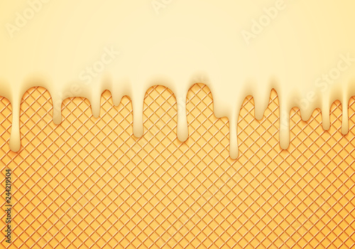 Abstract Vector Banner with Ice Cream Border and Wafer. Delicious Food Background. Sweet Glaze Seamless Pattern