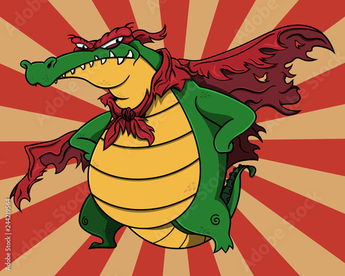 Super Villain Alligator stands up and poses with tattered wings and mask Cartoon Vector